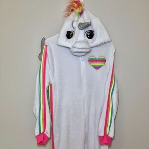 Rainbow Unicorn Fleece‎ One Piece Zip Up Hoodie Pajamas Large Costume Halloween